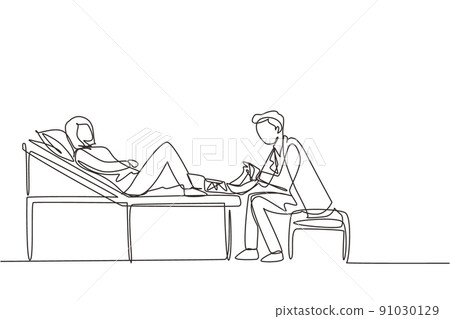 Single one line drawing medical doctor bandage broken leg to female patient sitting on couch at clinic or traumatology department. Limb fracture, hospital visit. Continuous line draw design vector Single one line drawing medical doctor bandage broken leg to female patient sitting on couch at clinic or traumatology department. Limb fracture, hospital visit. Continuous line draw design vector 91030129