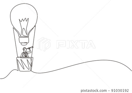 Continuous one line drawing businessman watching through telescope in hot air balloon-light bulb in the sky. Man in lightbulb balloon search to success. Business idea. Single line draw design vector 91030192