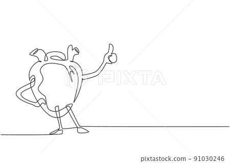 Single one line drawing healthy and fit heart with strong muscles with thumbs up gesture. Health of cardiovascular system. Power and strength of heart organ. Continuous line draw design graphic vector 91030246