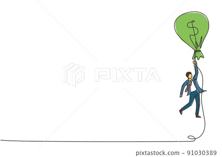 Single continuous line drawing businessman flying with money bag dollar balloon. Successful financial concept. Man earning money and have success. One line draw graphic design vector illustration Single continuous line drawing businessman flying with money bag dollar balloon. Successful financial concept. Man earning money and have success. One line draw graphic design vector illustration 91030389