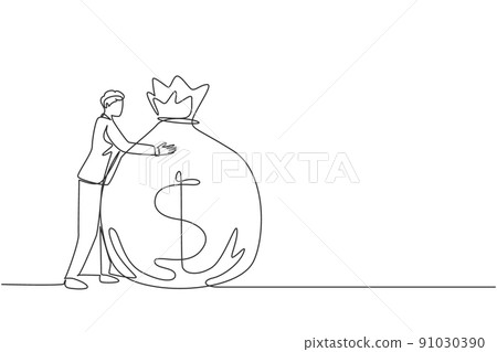 Continuous one line drawing businessman hugging big money bag. Financial success. Man standing and hugging huge cash bag. Business angel creative idea. Single line draw design vector illustration Continuous one line drawing businessman hugging big money bag. Financial success. Man standing and hugging huge cash bag. Business angel creative idea. Single line draw design vector illustration 91030390