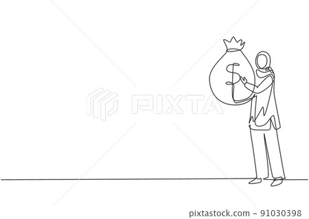 Continuous one line drawing Arab businesswoman holding large bag full of money. Smiling Arabian woman walking, carrying big heavy sack full of cash money. Single line draw design vector illustration Continuous one line drawing Arab businesswoman holding large bag full of money. Smiling Arabian woman walking, carrying big heavy sack full of cash money. Single line draw design vector illustration 91030398