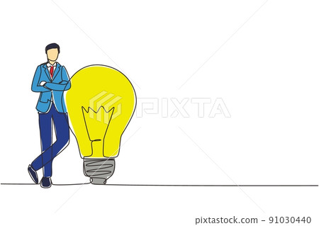 Continuous one line drawing businessman leaning on giant lightbulb, business idea. Business people have ideas leaning against the lamp symbol is good idea. Single line draw design vector illustration Continuous one line drawing businessman leaning on giant lightbulb, business idea. Business people have ideas leaning against the lamp symbol is good idea. Single line draw design vector illustration 91030440