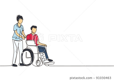 Continuous one line drawing disabled male with broken hand, leg riding wheelchair with nurse assistance. Man patient in traumatology hospital. Disability. Single line draw design vector illustration Continuous one line drawing disabled male with broken hand, leg riding wheelchair with nurse assistance. Man patient in traumatology hospital. Disability. Single line draw design vector illustration 91030463