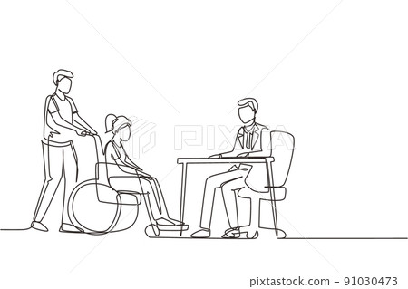 Single continuous line drawing doctor and patient. Practitioner doctor and woman patient in hospital medical office. Consultation, diagnosis. Medicine concept. one line draw design vector illustration 91030473