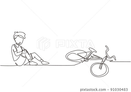 Single continuous line drawing boy fallen off bicycle. Bike accident. Kids fallen damaged bicycle broken transport children accidents helping person. Dynamic one line draw design vector illustration Single continuous line drawing boy fallen off bicycle. Bike accident. Kids fallen damaged bicycle broken transport children accidents helping person. Dynamic one line draw design vector illustration 91030483