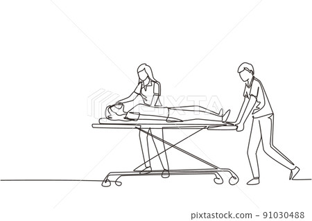 Single one line drawing doctors push gurney with sick woman. Room in hospital. Medical staff, infected patient. Health care and aid. Medical quarantine. Continuous line draw design vector illustration 91030488