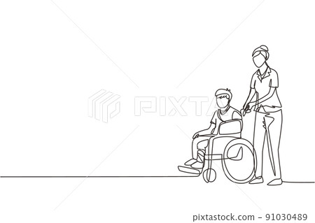 Single one line drawing disabled boy with broken hand, leg riding wheelchair with nurse assistance. Kids patient in traumatology hospital. Disability. Continuous line draw design vector illustration Single one line drawing disabled boy with broken hand, leg riding wheelchair with nurse assistance. Kids patient in traumatology hospital. Disability. Continuous line draw design vector illustration 91030489