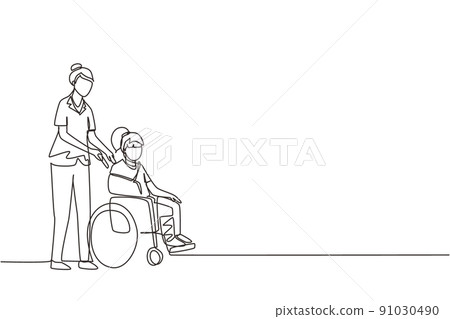 Single continuous line drawing paramedic help disabled little girl in wheelchair in transportation. Spend time together with fun, equal opportunities. Volunteer assistance. One line draw design vector Single continuous line drawing paramedic help disabled little girl in wheelchair in transportation. Spend time together with fun, equal opportunities. Volunteer assistance. One line draw design vector 91030490