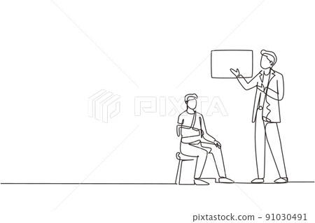 Continuous one line drawing medical doctor showing x-ray picture with limb fracture to male patient with broken arm. Healthcare, man with injured bandaged hand. Single line draw design vector graphic Continuous one line drawing medical doctor showing x-ray picture with limb fracture to male patient with broken arm. Healthcare, man with injured bandaged hand. Single line draw design vector graphic 91030491