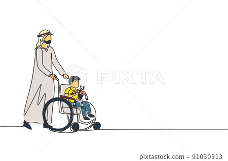 Single continuous line drawing rehabilitation for children. Arabian father takes care of boy. Happy daddy helps children with disabilities in wheelchair holding robot toy. One line draw design vector 91030513
