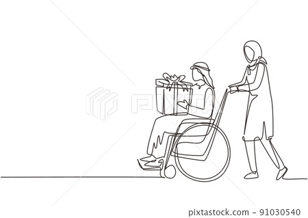 Single one line drawing Arabic female and disabled male in wheelchair. Woman shopping and give gift box to man. Disability rehabilitation, invalid people assistance. Continuous line draw design vector Single one line drawing Arabic female and disabled male in wheelchair. Woman shopping and give gift box to man. Disability rehabilitation, invalid people assistance. Continuous line draw design vector 91030540