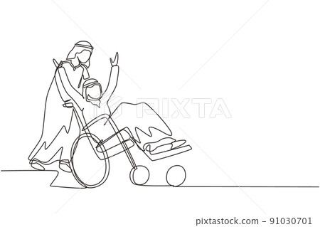 Single continuous line drawing young Arabian male volunteer helps disabled old man, riding on wheelchair in park. Family care, volunteerism, disability care. One line draw design vector illustration 91030701