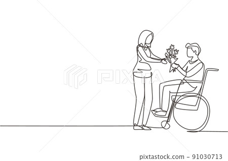 Single continuous line drawing woman and disabled man in wheelchair. Male give bouquet of flower to female. Family moral support. Disability rehabilitation. One line draw design vector illustration 91030713