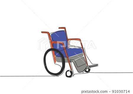 Continuous one line drawing wheelchair for people with disabilities. Empty walk pram carriage device. Hand drawn healthcare therapy object. Single line draw design vector graphic illustration 91030714