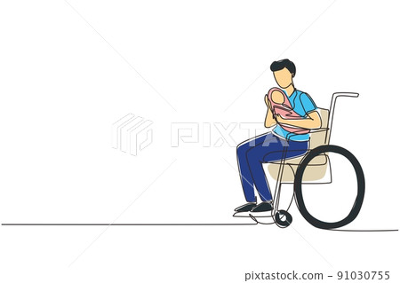 Continuous one line drawing parents with newborn baby. Male hold baby, sitting in wheelchair. Disabled man holding baby in his arms. Family love concept. Single line draw design vector illustration Continuous one line drawing parents with newborn baby. Male hold baby, sitting in wheelchair. Disabled man holding baby in his arms. Family love concept. Single line draw design vector illustration 91030755