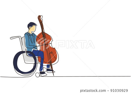Continuous one line drawing young handsome man sitting in wheelchair plays cello in concert. Disability and classical music. Physically disabled. Person in hospital. Single line draw design vector 91030929
