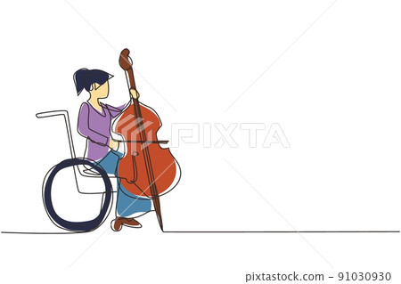 Single one line drawing woman sitting in wheelchair plays cello in opera concert. Disability and classical music. Physically disabled. Continuous line draw design graphic vector illustration Single one line drawing woman sitting in wheelchair plays cello in opera concert. Disability and classical music. Physically disabled. Continuous line draw design graphic vector illustration 91030930