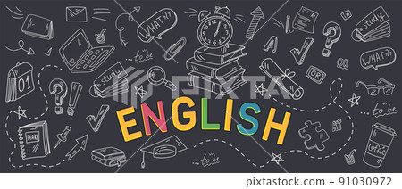 English language learning concept vector illustration. Doodle of foreign language education course for home online training study. 91030972