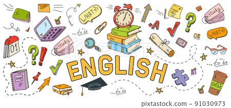 English language learning concept vector illustration. Doodle of foreign language education course for home online training study. 91030973
