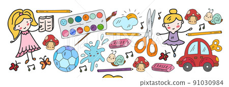 Creativity and imagination. Vector icons with school items. Creativity and imagination. Vector icons with school items. 91030984