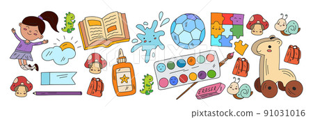 Creativity and imagination. Vector icons with school items. 91031016