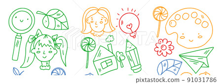 Creativity and imagination. Vector icons with school items. Creativity and imagination. Vector icons with school items. 91031786