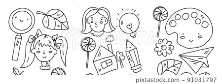 Creativity and imagination. Vector icons with school items. Creativity and imagination. Vector icons with school items. 91031797