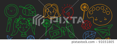 Creativity and imagination. Vector icons with school items. Creativity and imagination. Vector icons with school items. 91031805