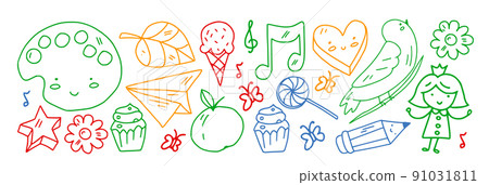 Creativity and imagination. Vector icons with school items. Creativity and imagination. Vector icons with school items. 91031811
