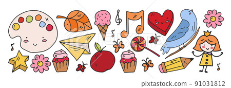 Creativity and imagination. Vector icons with school items. 91031812