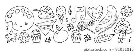 Creativity and imagination. Vector icons with school items. 91031813