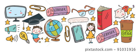 Creativity and imagination. Vector icons with school items. Creativity and imagination. Vector icons with school items. 91031916