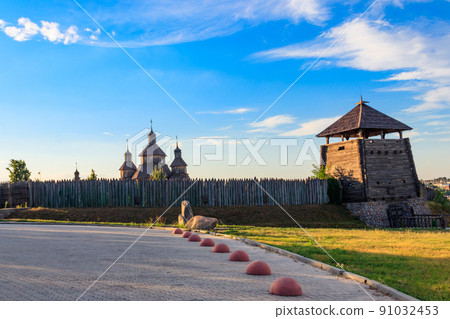 Medieval wooden Zaporozhian Sich on Khortytsia island in Zaporizhia, Ukraine 91032453