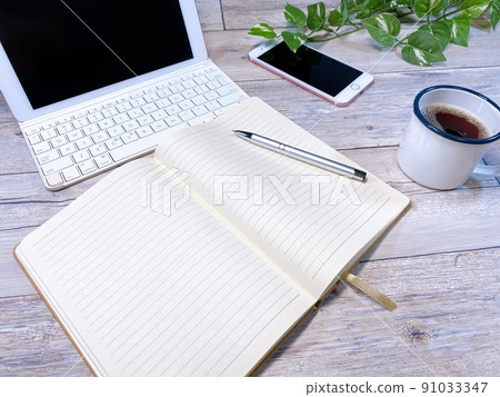 Coffee break business scene desk work Coffee break business scene desk work 91033347