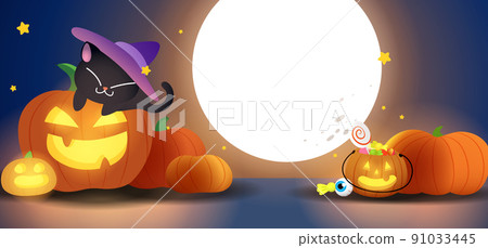 Halloween party banner with carved pumpkins with moon in the background 91033445