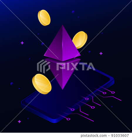 Isometric Rhomb. Wireless Technology Illustration. Diamond on the Smartphone with Cash Flow 91033607