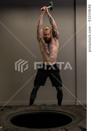 Sledgehammer trucker wheel road tire woman replace young hammer gym, for equipment concentration from male from muscular training, man adult. Dedication strenght sportswear, 91034646