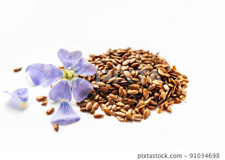 Flax seed and flax flowers macro on white backgrounds. Omega 3 fats. Superfood concept 91034698