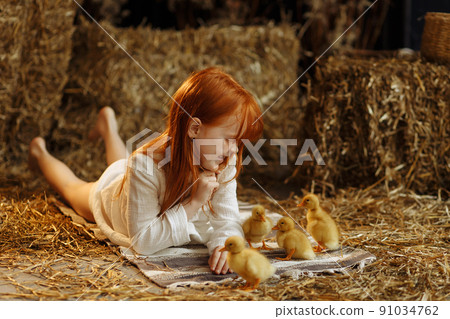 Little girl and cute ducklings are sitting in a basket in the kitchen. 91034762