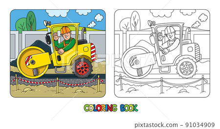 Asphalt compactor with a driver. Coloring book 91034909