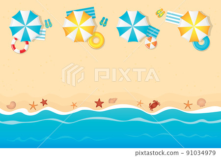 summer holiday on tourist beach with umbrella swim ring and flip flop summer holiday on tourist beach with umbrella swim ring and flip flop 91034979