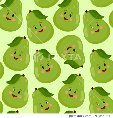 Seamless print of cute cartoon pear character. Design for wrapping paper, children s print clothes, fabrics. Seamless print of cute cartoon pear character. Design for wrapping paper, children s print clothes, fabrics. 91034984