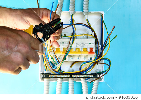 Installation of single phase consumer unit for household electrical network. Installation of single phase consumer unit for household electrical network. 91035310