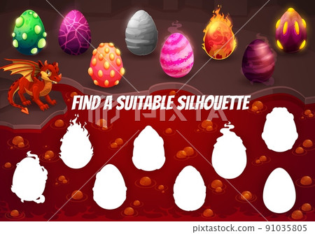 Cartoon dragon and eggs in cave, find a suitable silhouette vector game worksheet. Kids educational puzzle or quiz, find and connect correct shadows riddle with colorful dragon eggs on lava background 91035805
