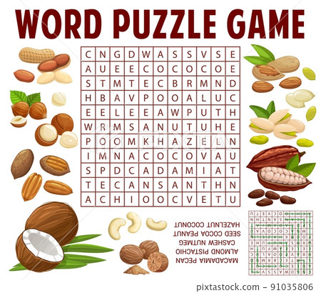 Nuts and kernels word search puzzle game vector worksheet. Kids quiz grid or education riddle with cartoon nut food, peanut, almond, pistachio and hazelnut, nutmeg, coconut, cashew and macadamia Nuts and kernels word search puzzle game vector worksheet. Kids quiz grid or education riddle with cartoon nut food, peanut, almond, pistachio and hazelnut, nutmeg, coconut, cashew and macadamia 91035806