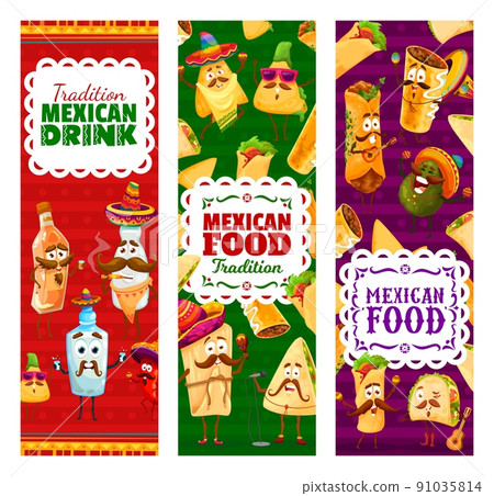 Cartoon Mexican food and drinks characters, vector banners of fiesta. Mexican holiday party with funny cartoon mariachi burrito in sombrero, taco with guitar and tequila with mustaches 91035814
