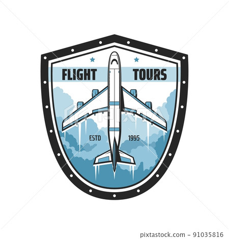 Flight tours icon with airplane, air travel and tourism, vector airlines sign. Aviation and avia travel flights on charter and private jets for holiday and vacations air journey 91035816