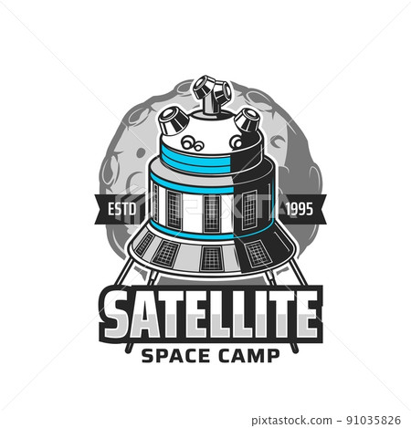 Satellite icon, space exploration and galaxy discovery camp project, vector emblem. Orbital station or spaceship satellite shuttle in spaceflight to moon and galactic planets exploration 91035826