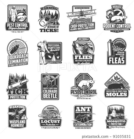 Pest control exterminator, pest bug, insect and rodent animal vector icons. Isolated cockroach, mosquito and ant, pesticide and insecticide spray, flea, fly, tick, mouse and rat monochrome badges 91035831